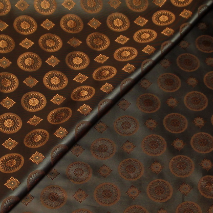 Doublure satin jacquard - Rond & carré caramel fond vert foncé