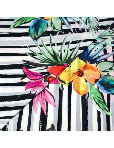 Voile 100% coton - Fleur tropical fond rayé