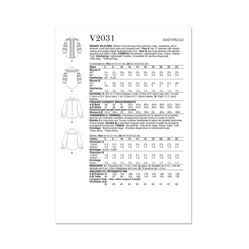 Patron Vogue 2031 U5 - Chemisiers