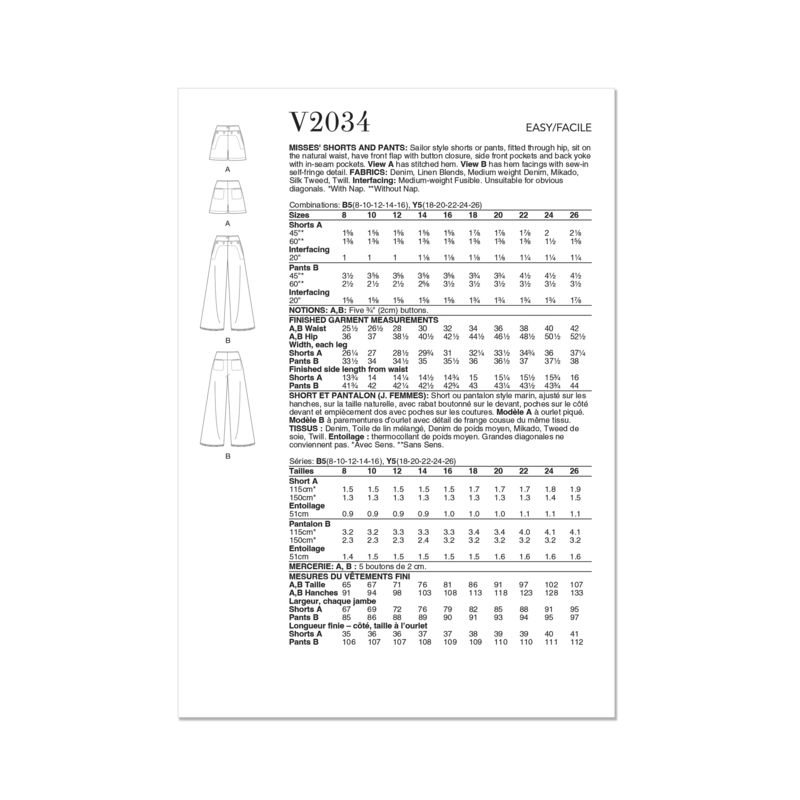 Patron Vogue 2034 Y5 - Short ou pantalon style marin