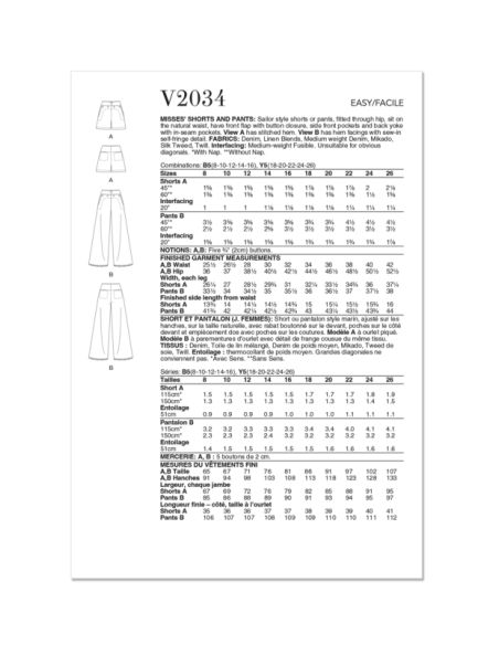 Patron Vogue 2034 Y5 - Short ou pantalon style marin