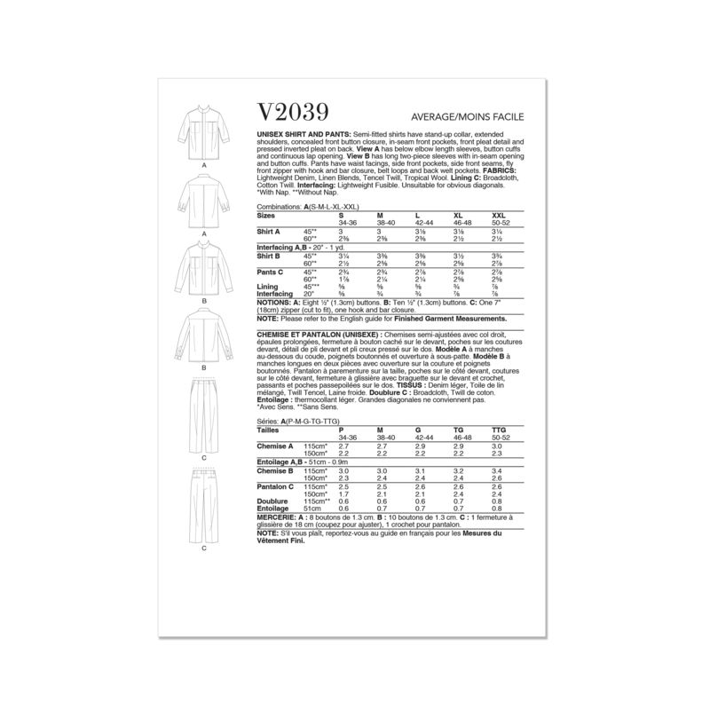 Patron Vogue 2039 A - Chemise et pantalon unisexes
