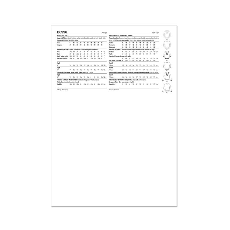 Patron Butterick 6996/Y5 - Hauts amples