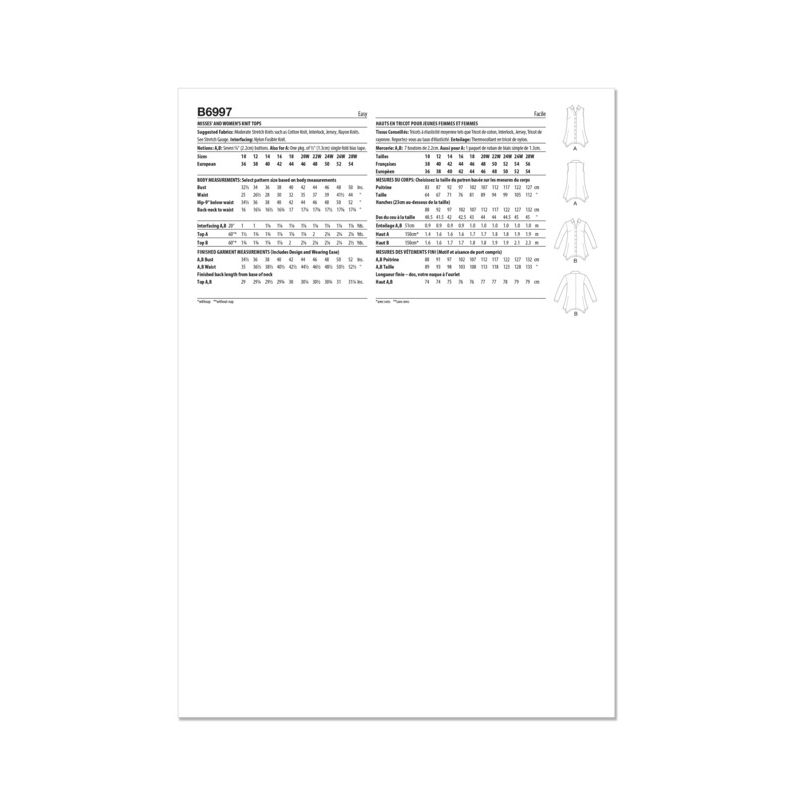 Patron Butterick 6997/BB - Hauts moulants en maille