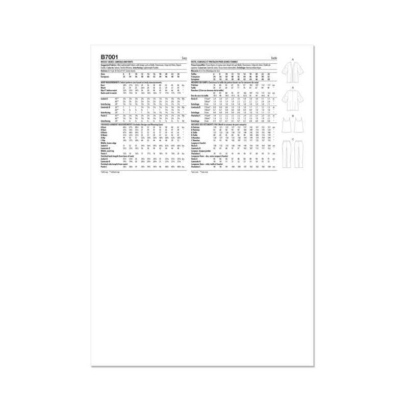 Patron Butterick 7001/U5 - Veste, caraco et pantalon
