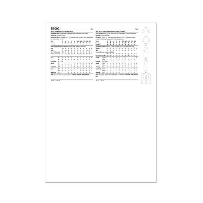 Patron Butterick 7002/AA - Haut, jupe et pantalon