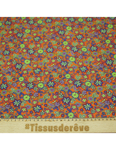 Étoffe 100% viscose - Fleur violette fond orange