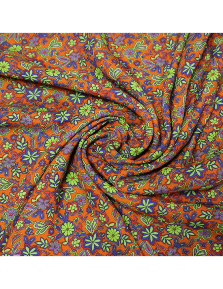 Étoffe 100% viscose - Fleur violette fond orange