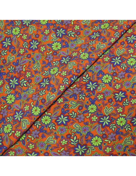Étoffe 100% viscose - Fleur violette fond orange