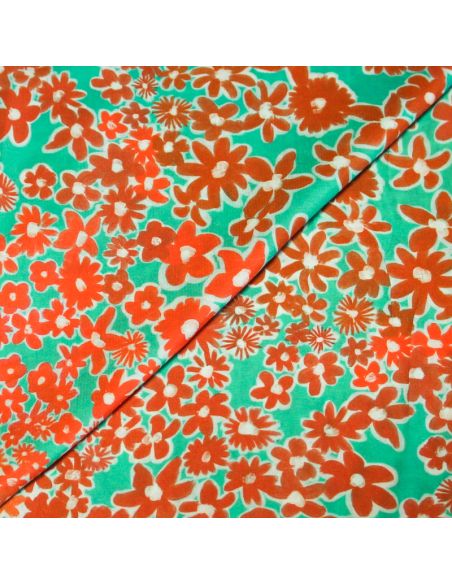 Étoffe 100% viscose - Fleur orange fond vert