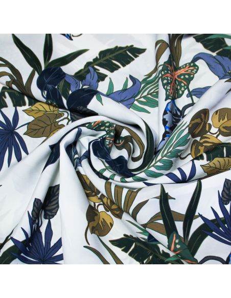 Étoffe 100% viscose - Feuille bleu fond blanc