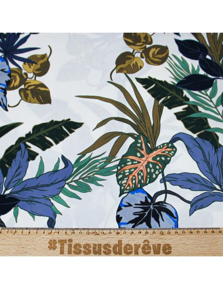 Étoffe 100% viscose - Feuille bleu fond blanc