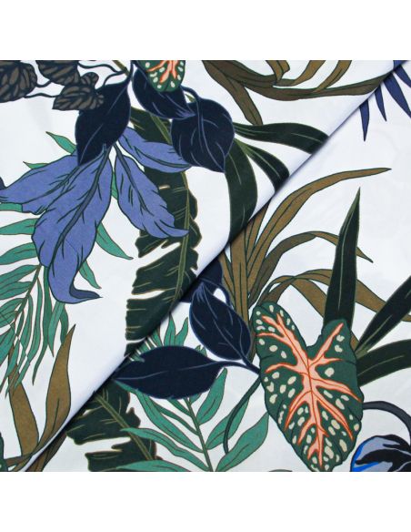 Étoffe 100% viscose - Feuille bleu fond blanc