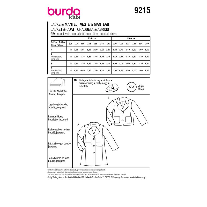 Patron Burda 9215 - Manteau pour enfants