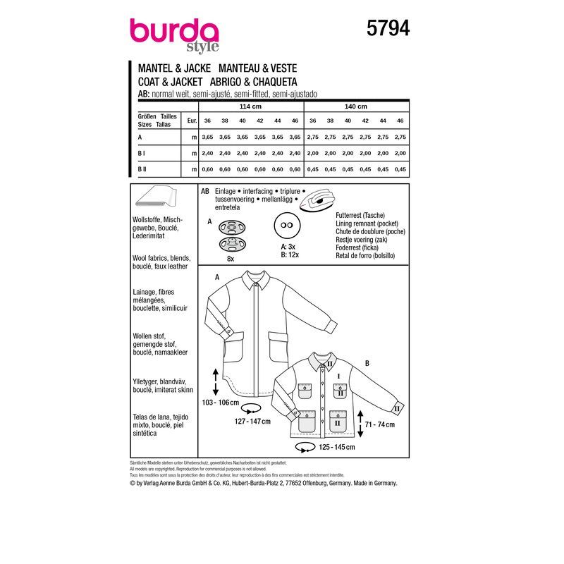 Patron Burda 5794 - Manteau douillet et confortable