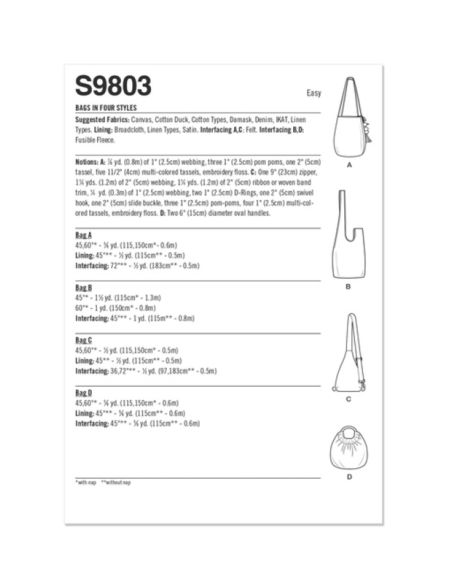 Patron Simplicity 9803.OS - Sacs en 4 styles