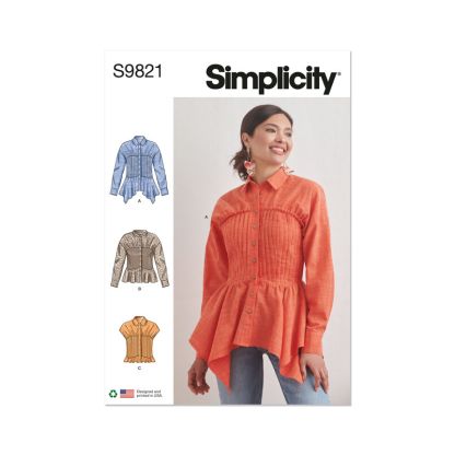 Patron Simplicity 9821.U5 (44-52) - Blouse pour femmes avec variations de col, manches et ourlet