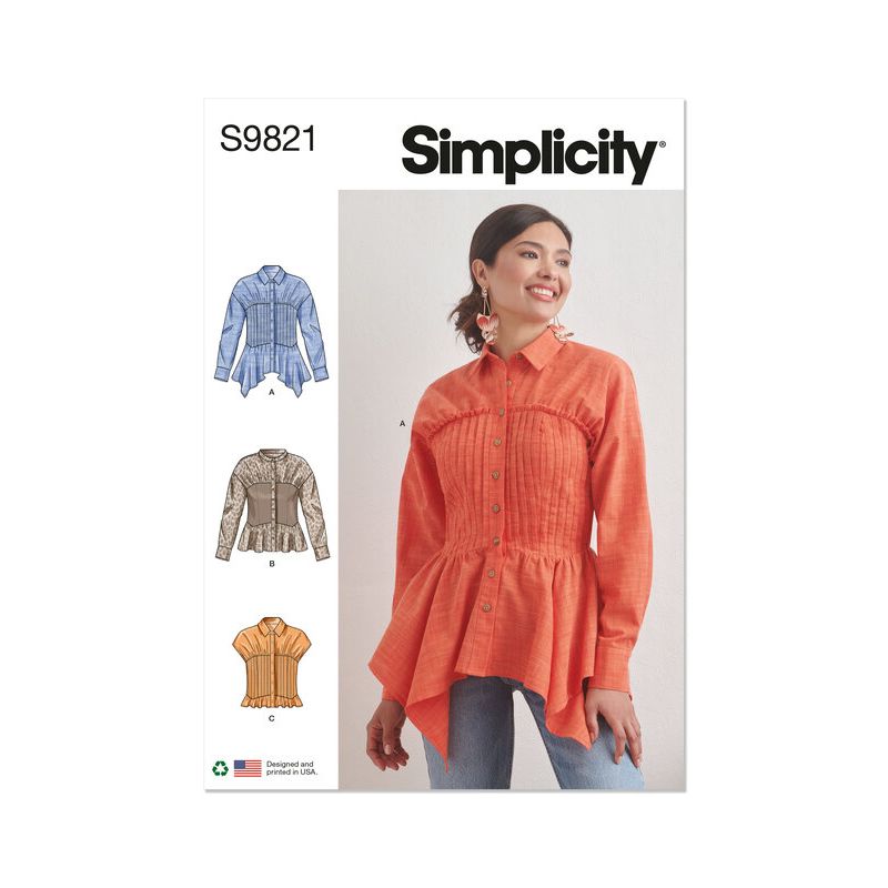 Patron Simplicity 9821.U5 (44-52) - Blouse pour femmes avec variations de col, manches et ourlet