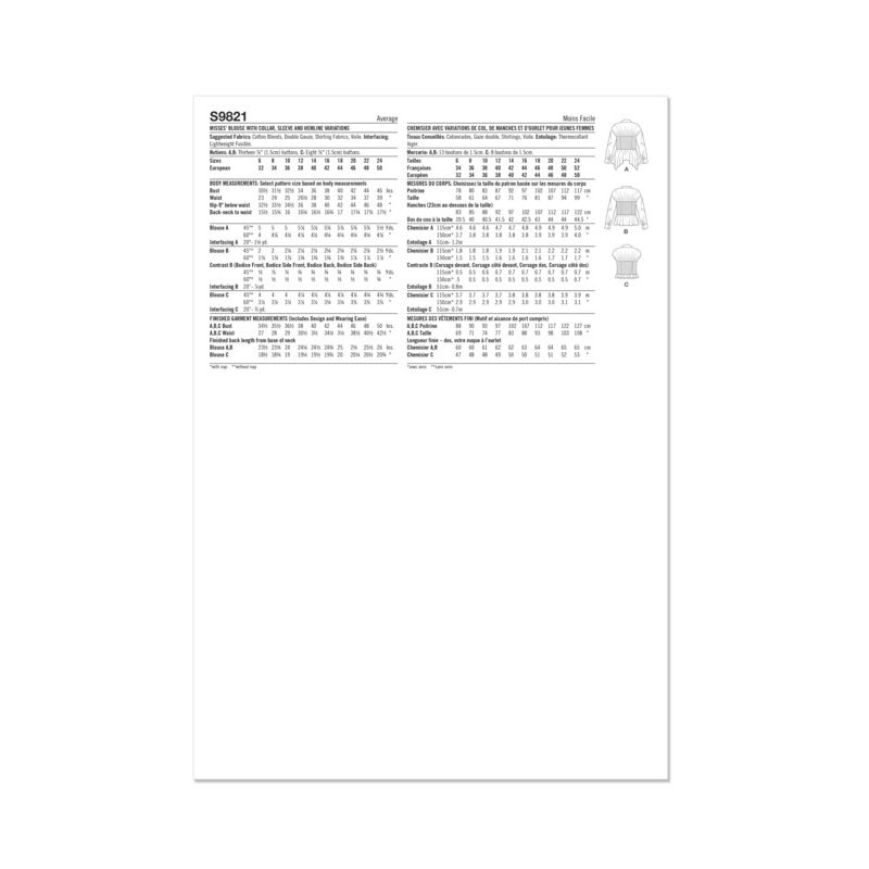 Patron Simplicity 9821.U5 (44-52) - Blouse pour femmes avec variations de col, manches et ourlet