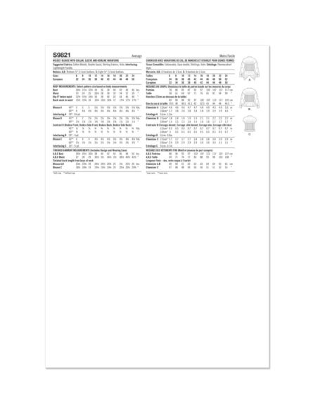 Patron Simplicity 9821.U5 (44-52) - Blouse pour femmes avec variations de col, manches et ourlet