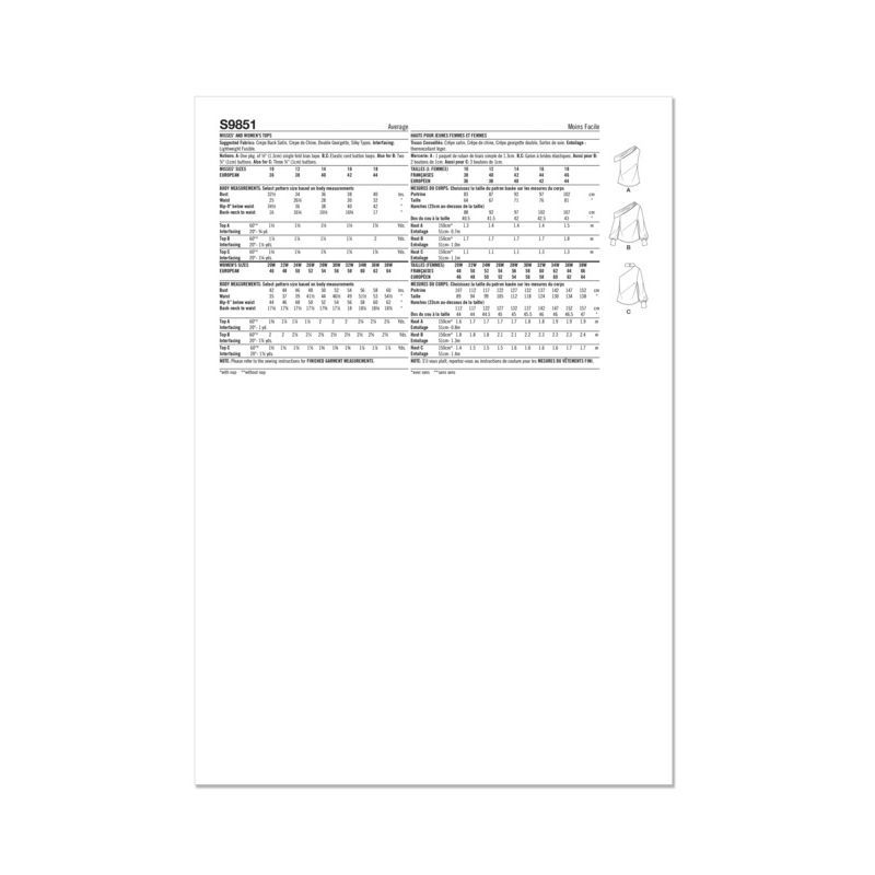 Patron Simplicity 9851.W3 (56-66) - Hauts pour femmes avec variations de manches