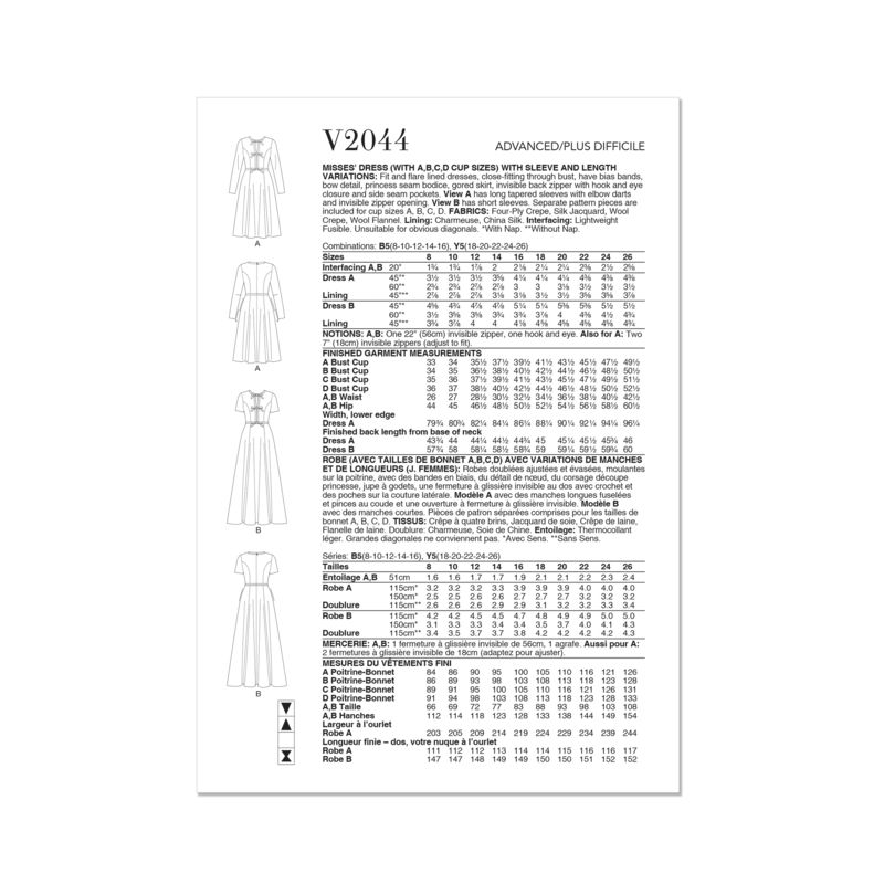 Patron Vogue 2044 Y5 (46-54) - Robe Fit-and-Flare avec Variations de Manches
