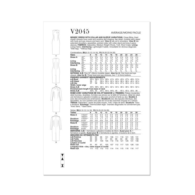 Patron Vogue 2045 B5 (36-44) - Robe fourreau avec variations de manches