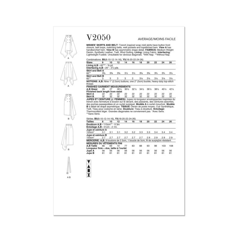 Patron Vogue 2050 Y5 (46-54) - Jupe midi portefeuille avec ceinture