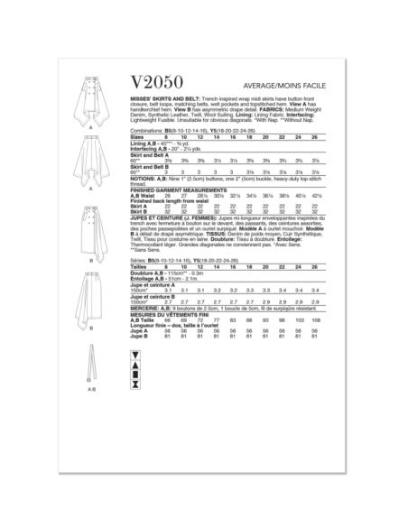 Patron Vogue 2050 Y5 (46-54) - Jupe midi portefeuille avec ceinture