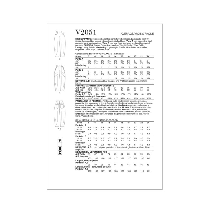 Patron Vogue 2051 U5 (44-52) - Pantalon taille haute à jambes larges avec poches