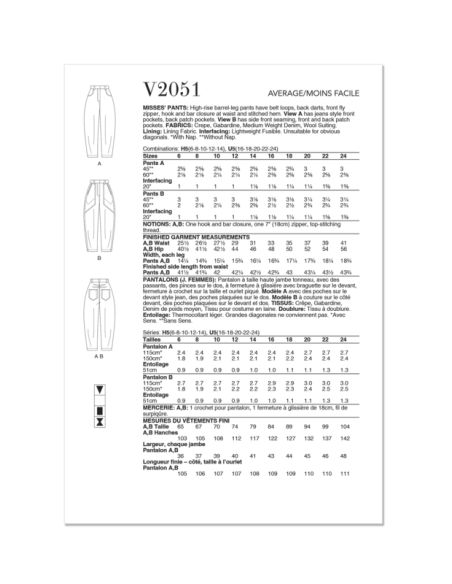 Patron Vogue 2051 U5 (44-52) - Pantalon taille haute à jambes larges avec poches