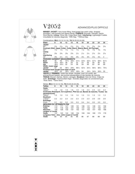 Patron Vogue 2052 Y5 (46-54) - Veste ample avec col à revers
