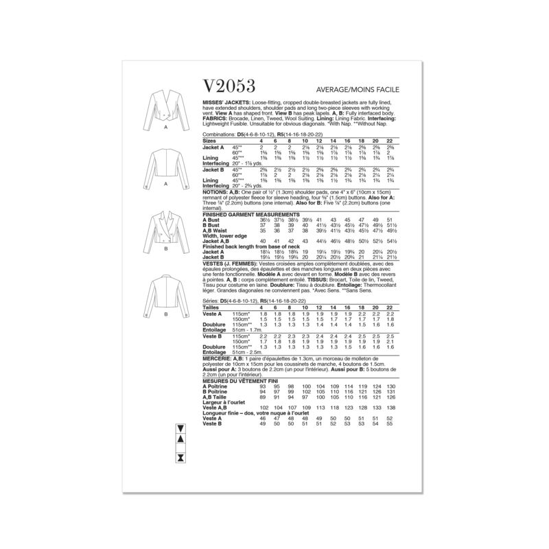 Patron Vogue 2053 R5 (42-50) - Veste à double boutonnage avec épaulettes