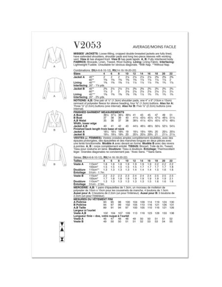 Patron Vogue 2053 R5 (42-50) - Veste à double boutonnage avec épaulettes