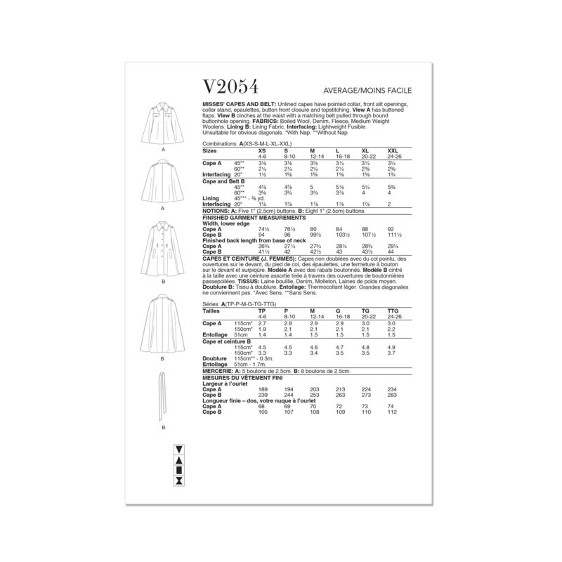 Patron Vogue 2054 A (32-54) - Cape élégante avec ceinture