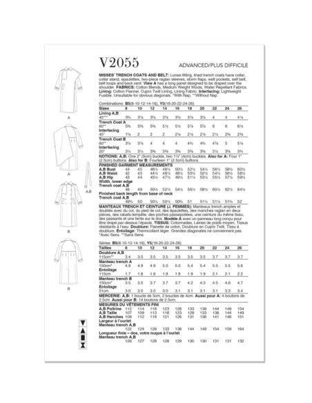 Patron Vogue 2055 Y5 (46-54) - Trench-coat avec ceinture et épaulettes