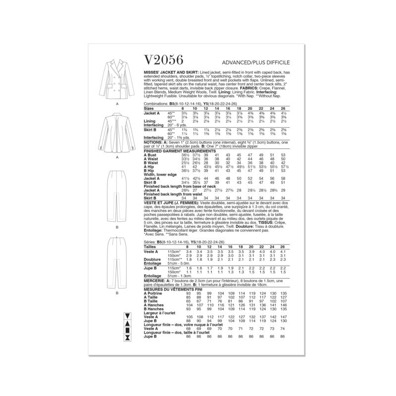 Patron Vogue 2056 Y5 (46-54) - Ensemble veste doublée et jupe fuselée