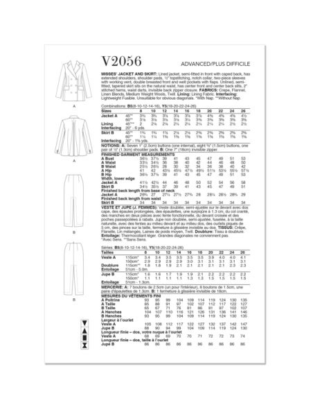 Patron Vogue 2056 Y5 (46-54) - Ensemble veste doublée et jupe fuselée