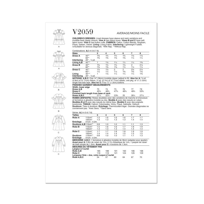 Patron Vogue 2059 A (3-8) - Robe enfant avec col contrasté