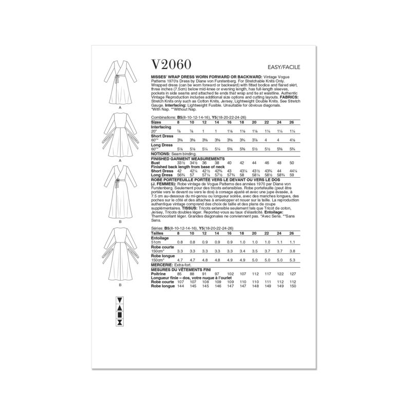 Patron Vogue 2060 Y5 (46-54) - Robe portefeuille réversible avec attaches