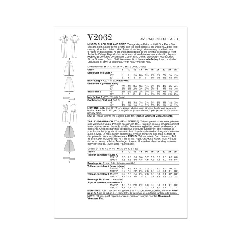 Patron Vogue 2062 Y5 (46-54) - Ensemble vintage slack et jupe
