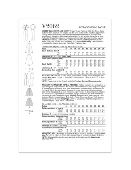 Patron Vogue 2062 Y5 (46-54) - Ensemble vintage slack et jupe