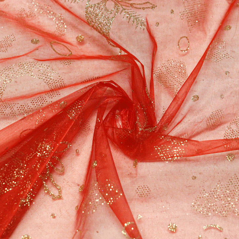 Organza imprimé Noël - Bougie dorée fond rouge