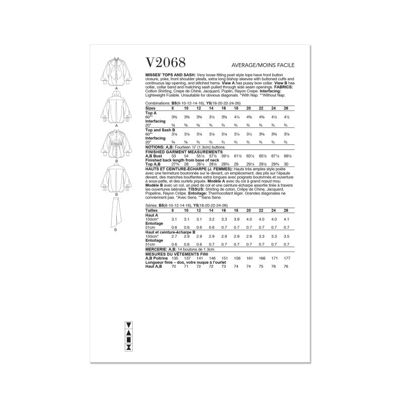 Patron Vogue 2068 Y5 (46-54) - Hauts pour femme avec ceinture