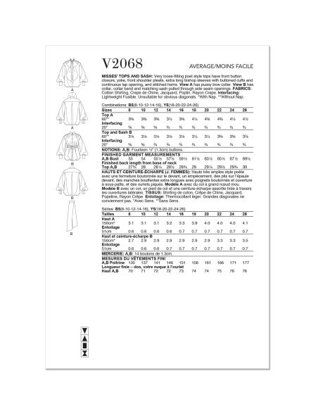 Patron Vogue 2068 Y5 (46-54) - Hauts pour femme avec ceinture