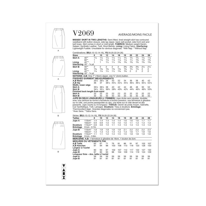 Patron Vogue 2069 B5 (36-44) - Jupe droite pour femme