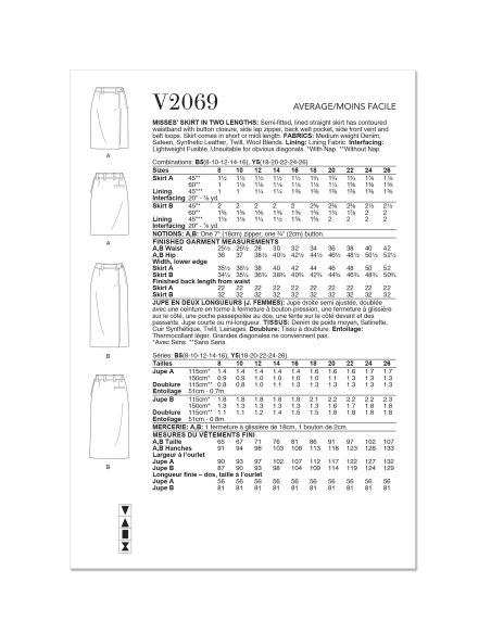Patron Vogue 2069 B5 (36-44) - Jupe droite pour femme