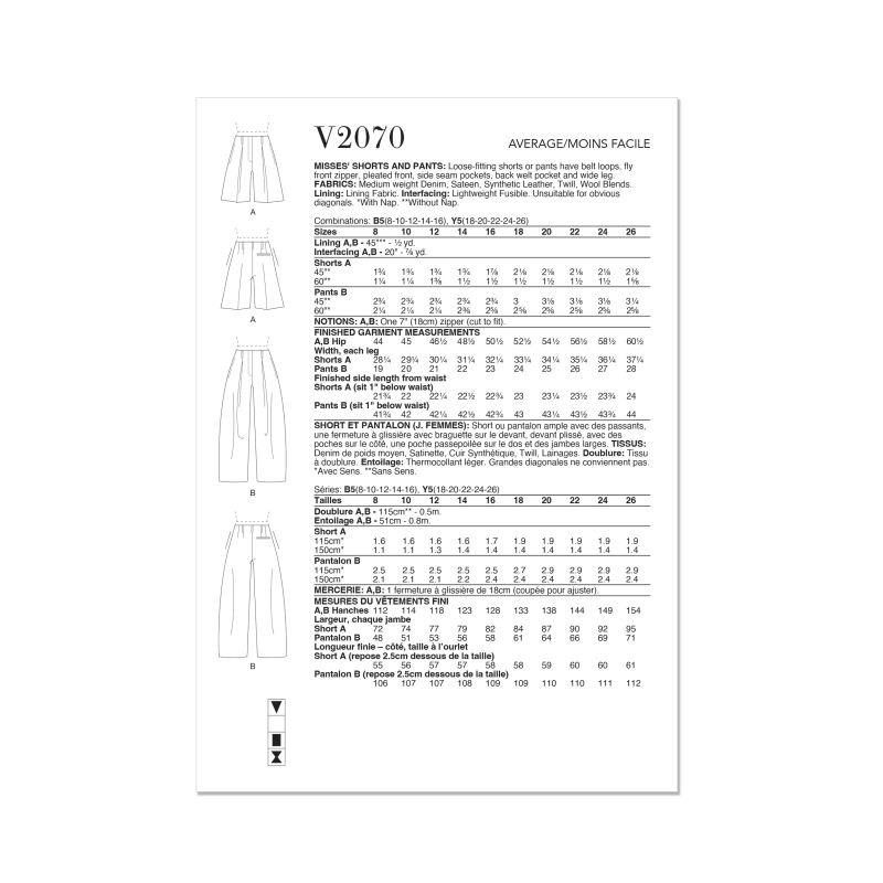 Patron Vogue 2070 Y5 (46-54) - Shorts et pantalons pour femme