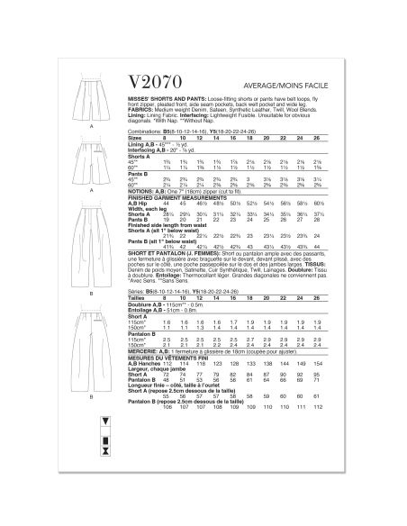 Patron Vogue 2070 Y5 (46-54) - Shorts et pantalons pour femme