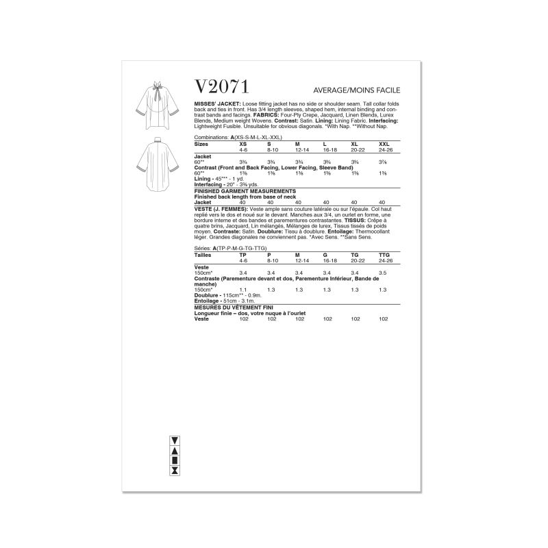 Patron Vogue 2071 - Veste pour femme